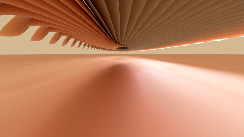 Abstract 3D digital depicting smooth orange wave-like curved textures with flowing patterns.