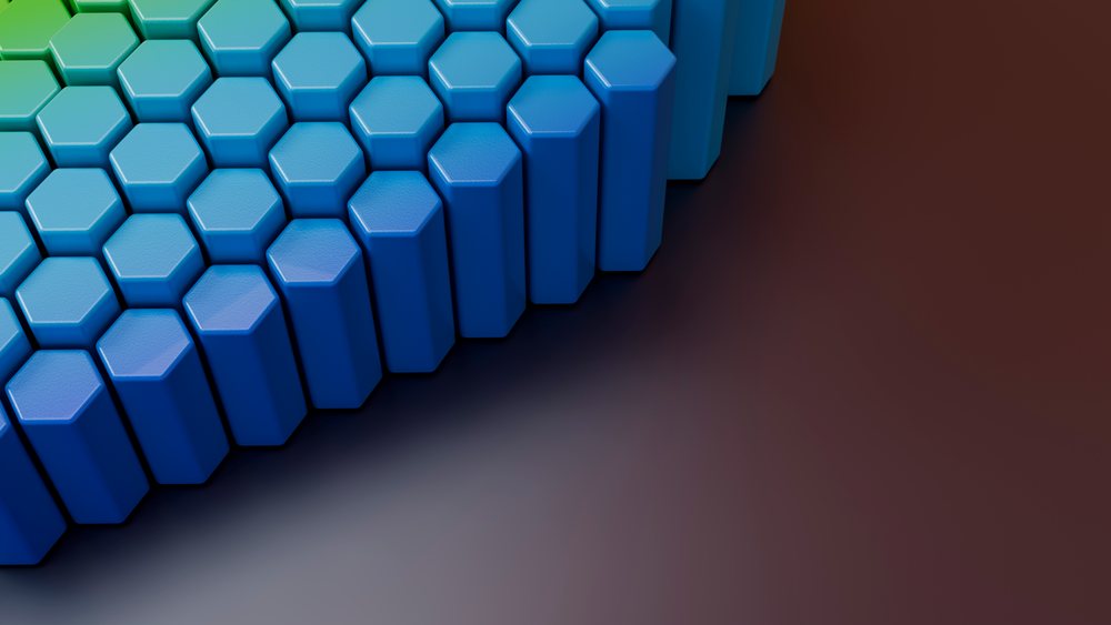 Blue hexagonal 3D columns form a repeating geometric pattern on a gradient background.