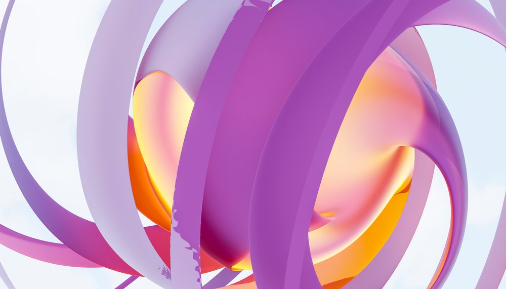 A digital 3D rendering of a colorful abstract shape with purple ribbons twisting around a glowing orange core.