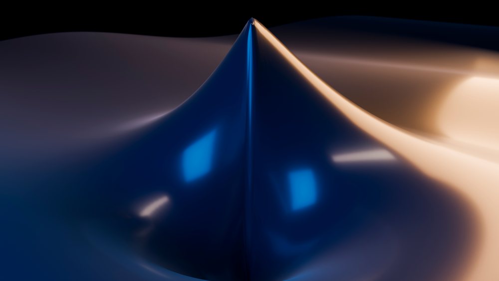 Abstract digital 3D illustration showing smooth, shiny blue and orange fluid curves forming a wave-like surface with reflective highlights.