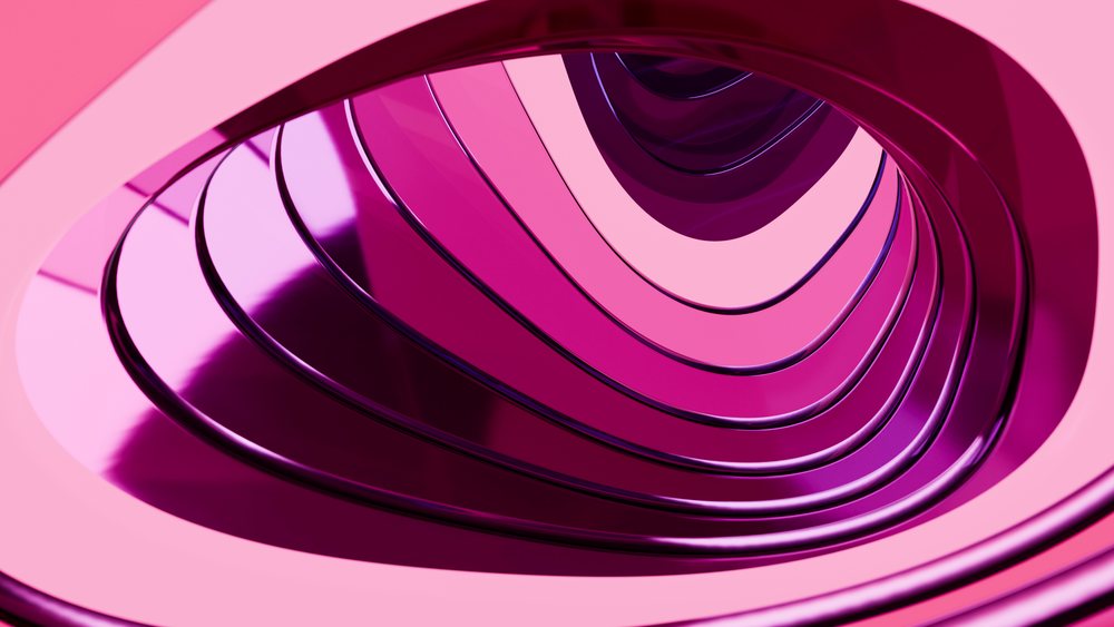 Abstract digital illustration featuring smooth, shiny pink and purple curved spirals forming a modern geometric pattern.