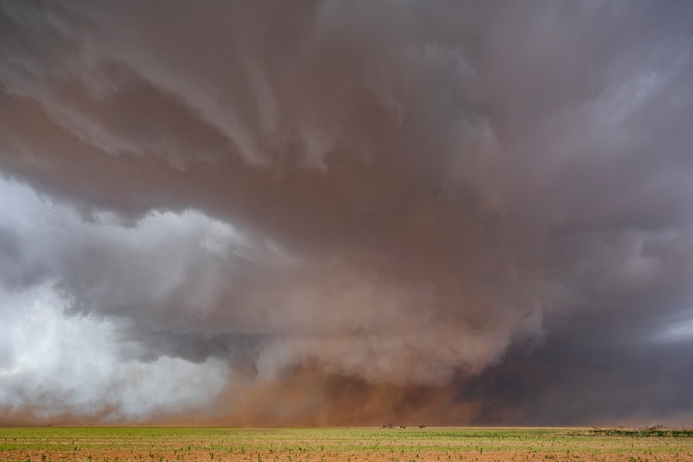 Monster Wedge Tornado over a flat green field, in the Great Plains Tornado Alley region under stormy skies, Storm Chasing, Morton, Texas, USA.