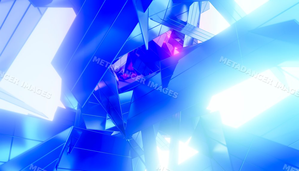 Digital rendering of an abstract blue and purple geometric structure