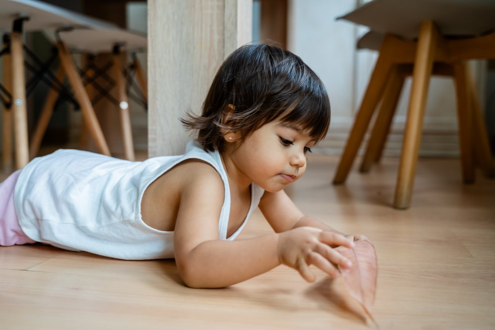 Toddler playing with a dried leaf on a wooden floor indoors at home, kids, Spain.