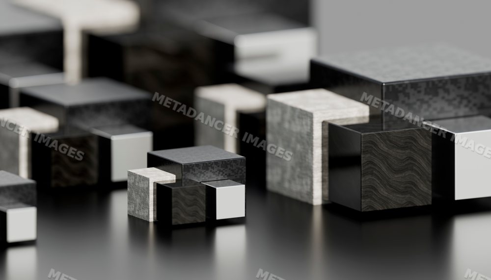 Digital rendering of black and gray abstract cubes arranged