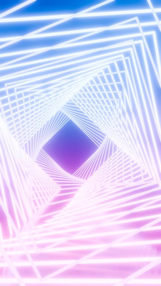 Glowing neon squares form a 3D geometric tunnel with a blue, pink, and purple color gradient in an abstract digital artwork.