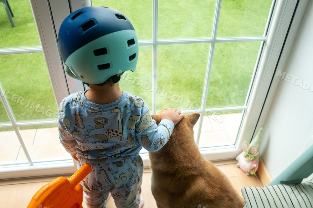 A white boy in animal pajamas and helmet pets a dog indoors in Madrid
