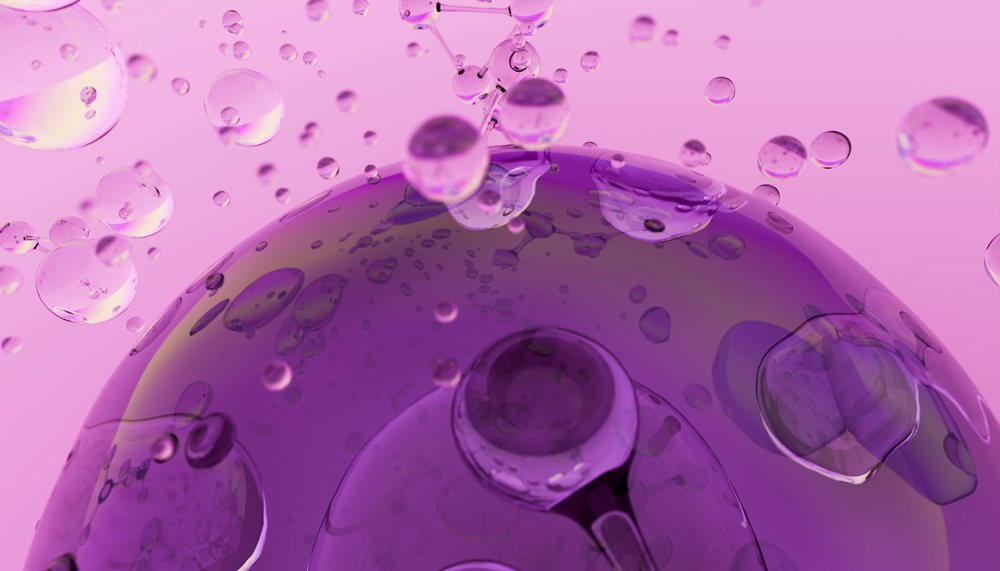 3D illustration showing purple molecular structures with transparent liquid droplets floating against a pink background.