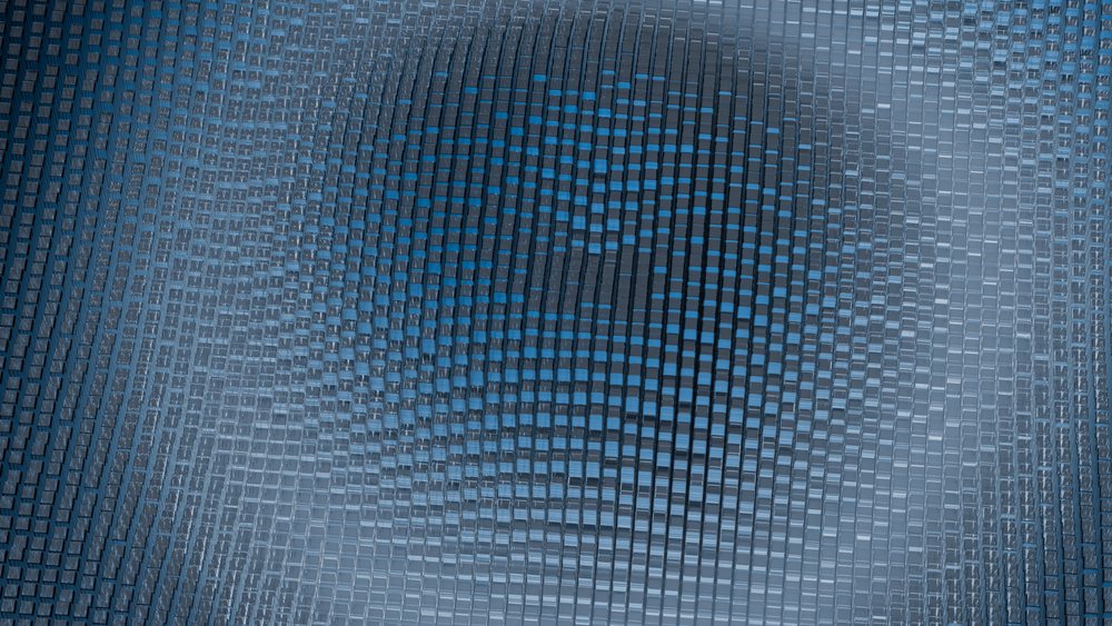 Blue three-dimensional cubes with reflective surfaces arranged in a repeating geometric pattern.