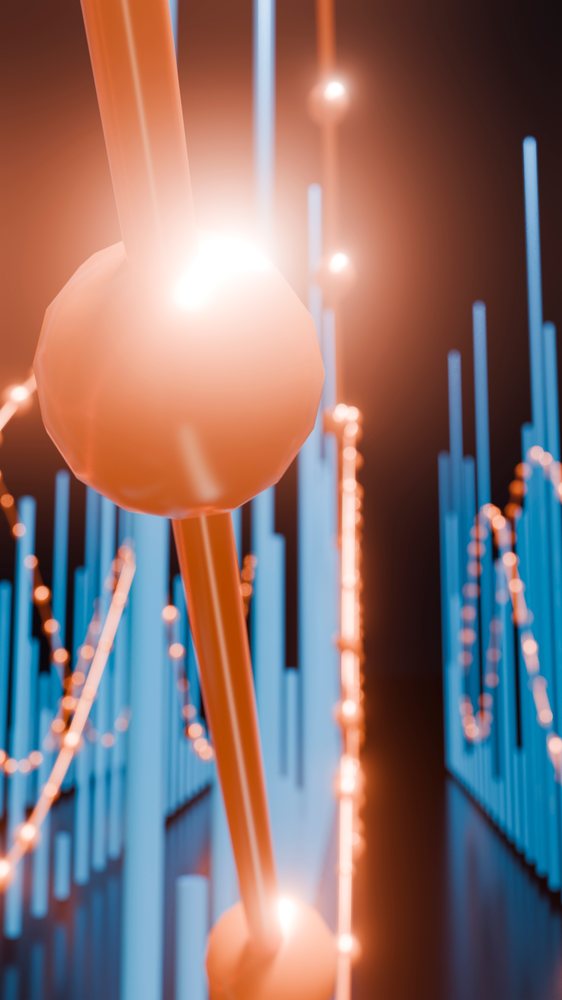 Abstract digital data visualization with glowing orange connectors and vertical blue 3D bars on a dark background.