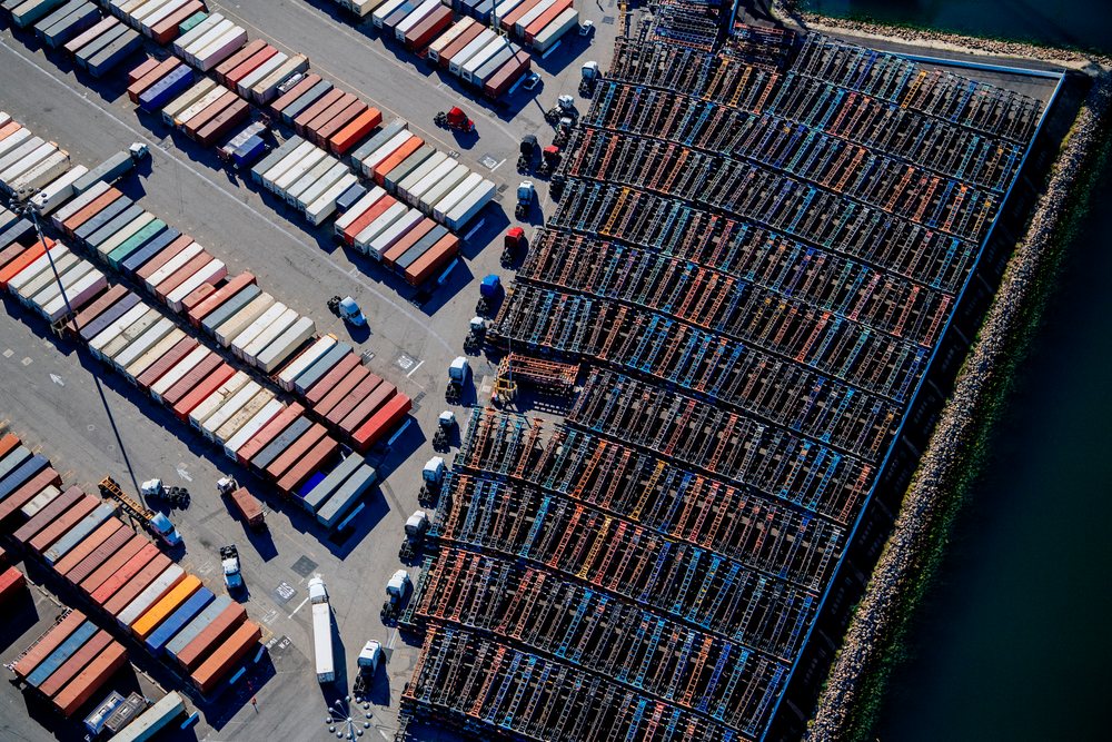 Aerial view of container trailers and shipping containers at a southern California port, a southern California port, CA, USA.