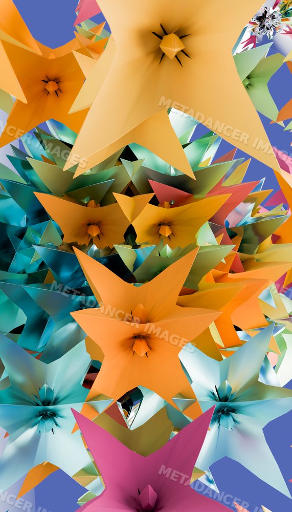 A colorful digital rendering of multicolored abstract star shapes