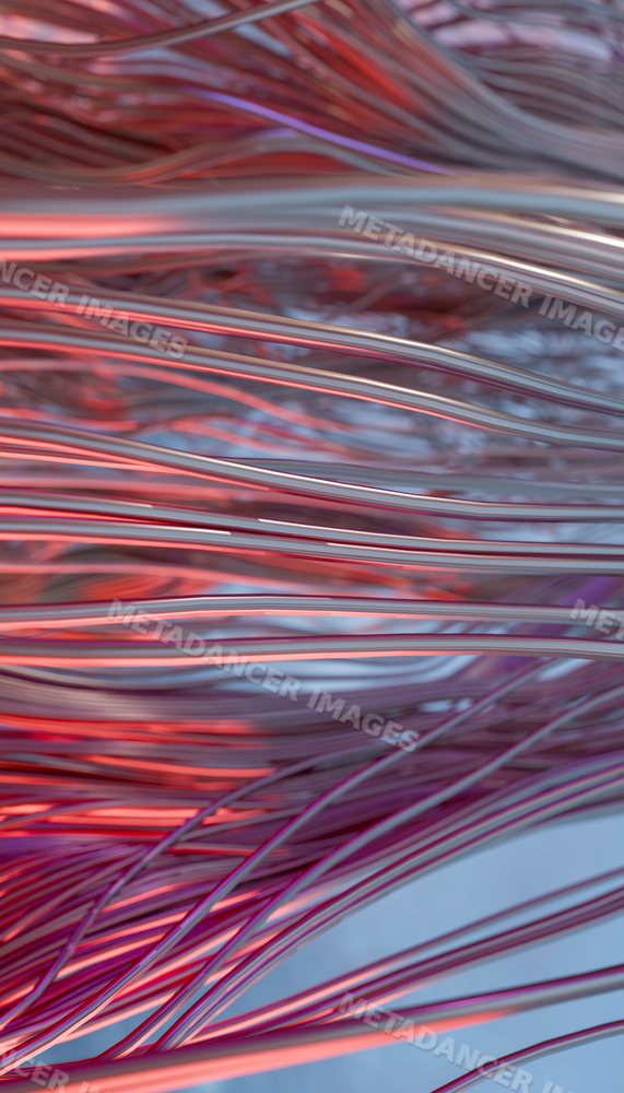 Close-up of twisting metallic wires with red and purple light