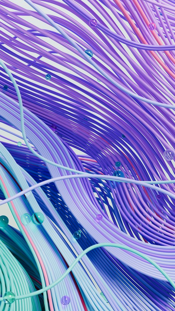 Colorful flowing purple and blue strands with small spherical droplets create a vibrant abstract 3D illustration.