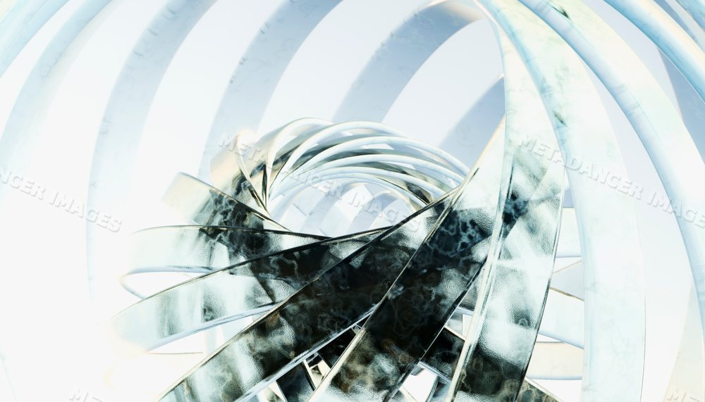 Digital rendering of abstract twisting loops with glass and metallic