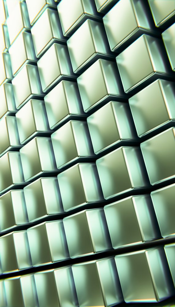 Abstract 3D metallic cubes arranged in a repetitive geometric pattern with a greenish tone on a smooth surface, abstract render background.