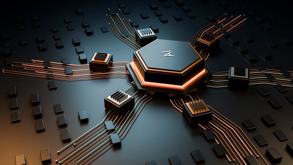 AI chip with central hexagonal and smaller connected chips linked by orange circuit lines on a black reflective surface.