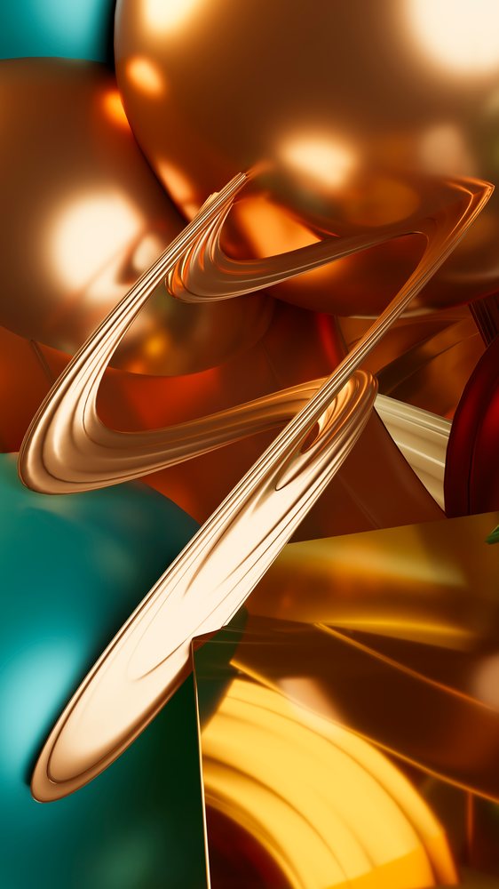 Abstract digital 3D artwork featuring orange and blue curved metallic shapes with reflective surfaces.