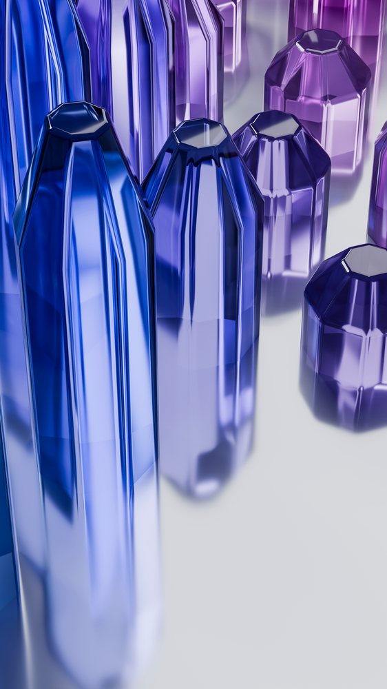Cluster of blue and purple faceted crystals on a reflective surface in a 3D illustration by Garduna studio.