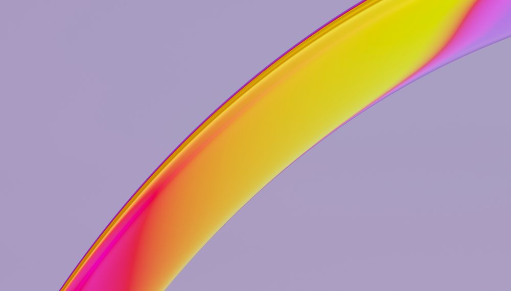 Digital art showing a colorful curved abstract liquid shape with yellow and pink gradient on a smooth purple background.