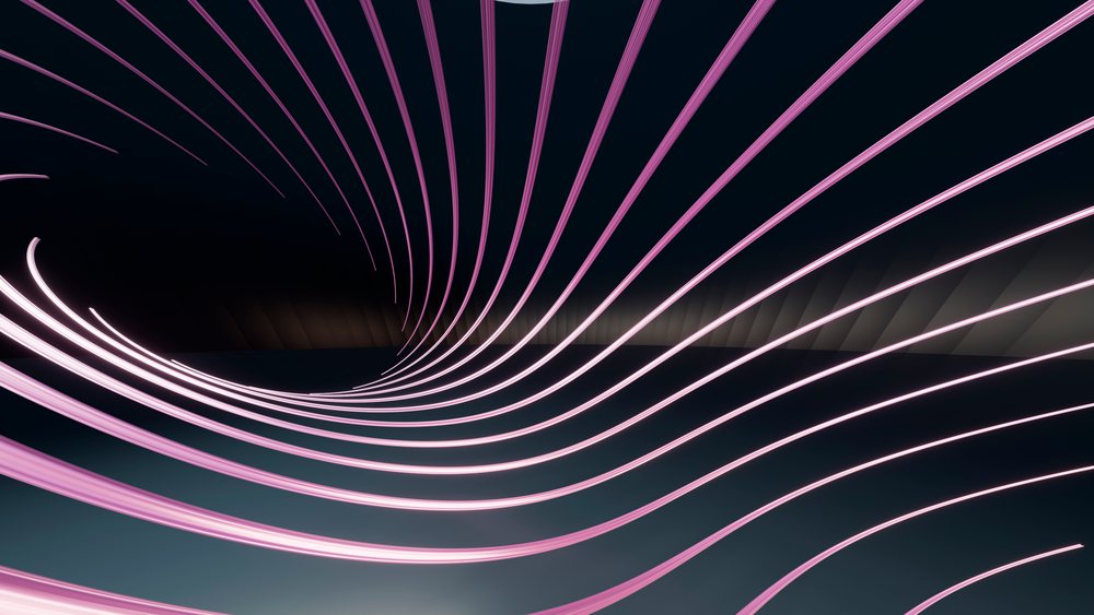 Purple curved light streaks glow against a dark background in a modern digital abstract composition.