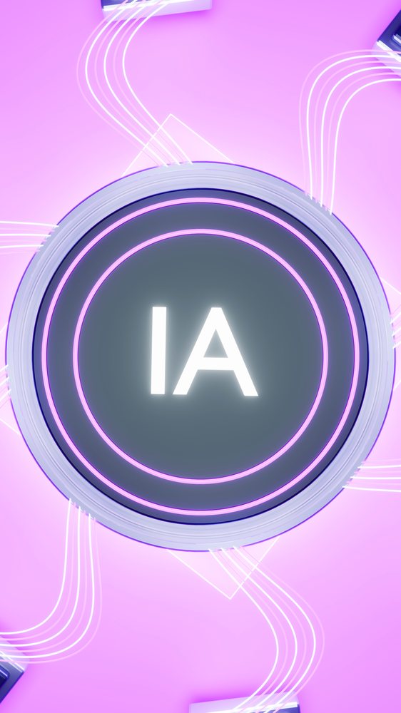 Glowing IA letters with purple circuit lines on a futuristic digital network design.