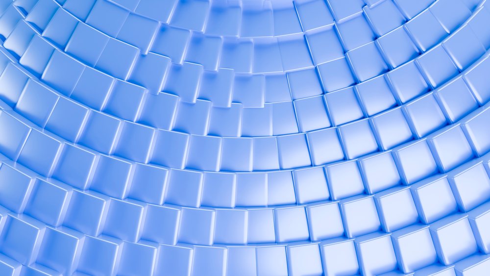 Blue 3D curved abstract pattern with repeating square tiles forming a smooth modern digital texture.