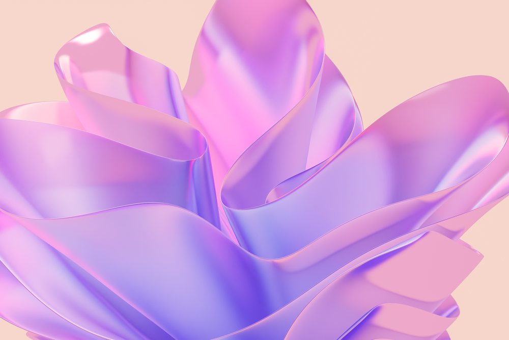 Abstract flowing shape with smooth pink and purple gradients on a soft pastel background.