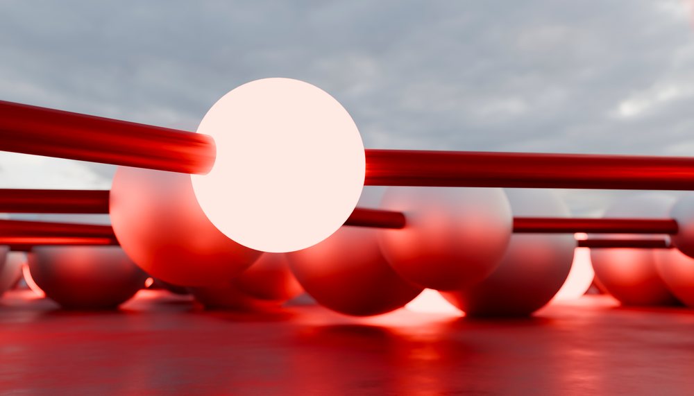 Close-up 3D rendered abstract molecular model featuring red rods and white glowing spheres connected in a chain.