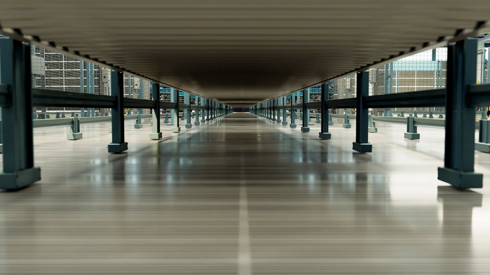 Industrial factory conveyor belt system with metal support structure and automation equipment on a reflective smooth floor, car, manufacturing, industry.