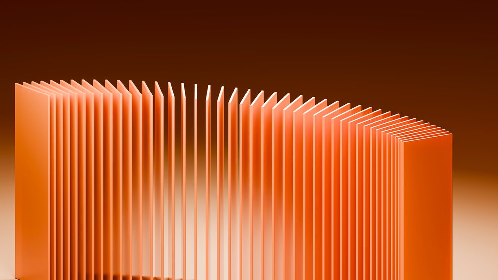 Orange vertical panels are arranged in a curved line forming an abstract 3D illustration against an orange gradient background.