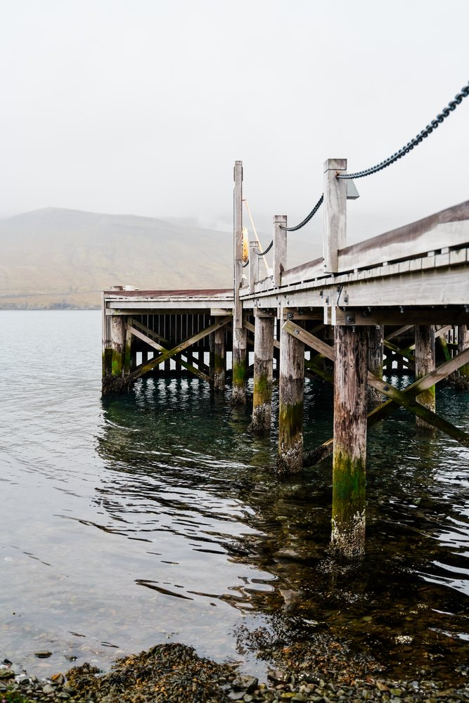 A wooden pier with moss-covered posts extends over calm sea water with a misty mountain in the background, Iceland.