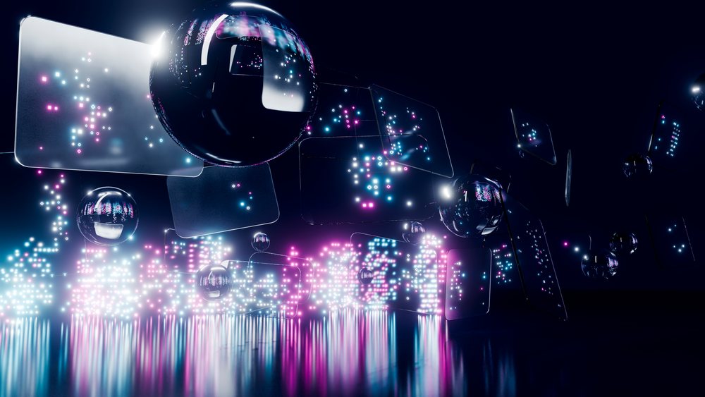 Transparent digital panels with glowing neon blue and pink dots and floating spheres in a futuristic technology scene on black background.