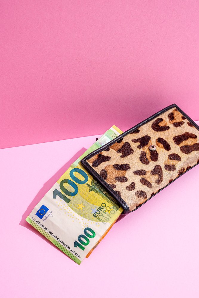Leopard print wallet holding a 100 euro banknote displayed on a pink studio background, Studio Shot.