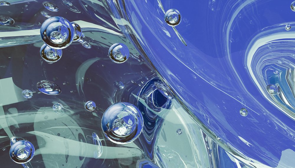 Digital abstract artwork showing blue and transparent liquid bubbles with reflective smooth surfaces.