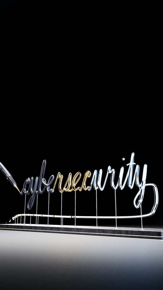 Pen writing the word cybersecurity in glowing multicolored neon cursive script on a black background.