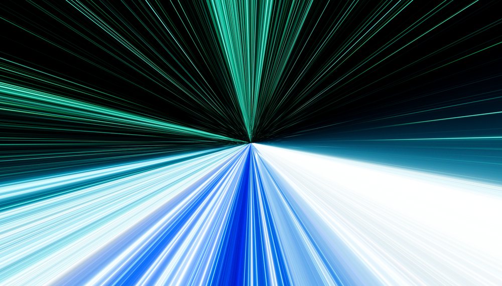 Abstract digital art depicting radiating blue, white, and green light rays on a dark background.