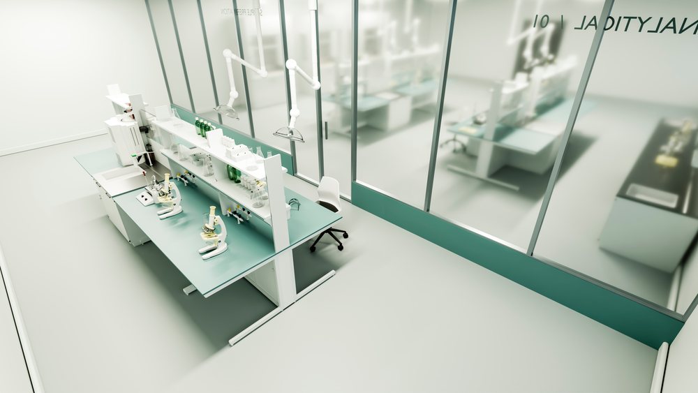 Modern laboratory with multiple microscopes, glass bottles, pipette, and equipment on clean lab benches behind a glass partition.