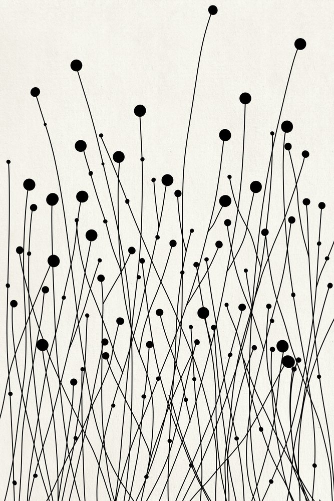 Abstract black line illustration with various sized dots on thin stems against a white background.