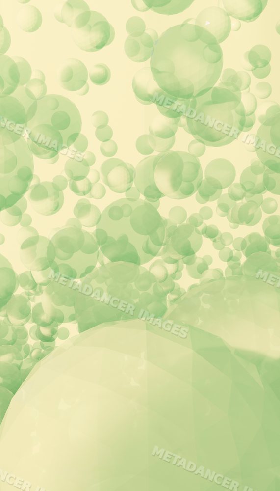 Digital artwork of floating translucent green spheres