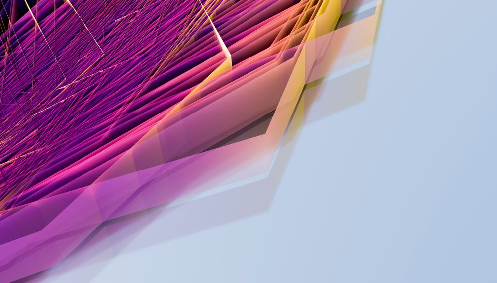 An abstract digital artwork featuring colorful overlapping geometric layers in purple, pink, and orange tones.