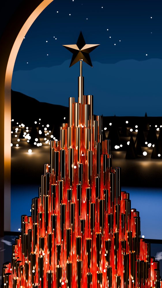 Metallic Christmas tree with a glowing star topper illuminates a festive night scene outside an archway under a dark blue sky.