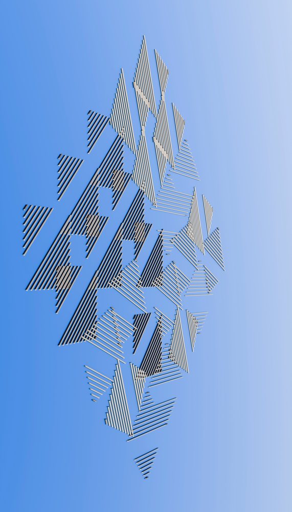 Abstract geometric pattern with striped triangular shapes floating against a blue gradient background.