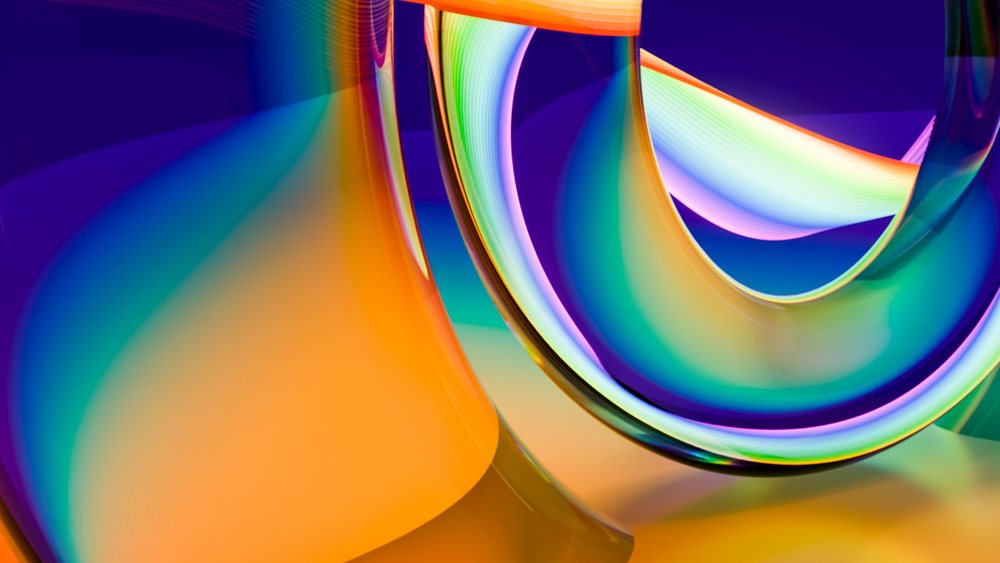 Modern digital illustration of colorful abstract glass curves with vibrant reflections and smooth gradients.