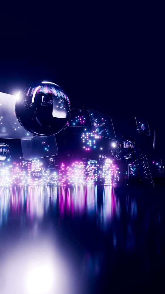 Digital abstract art featuring glowing spheres and illuminated square panels with purple and blue reflections on a dark glossy surface.
