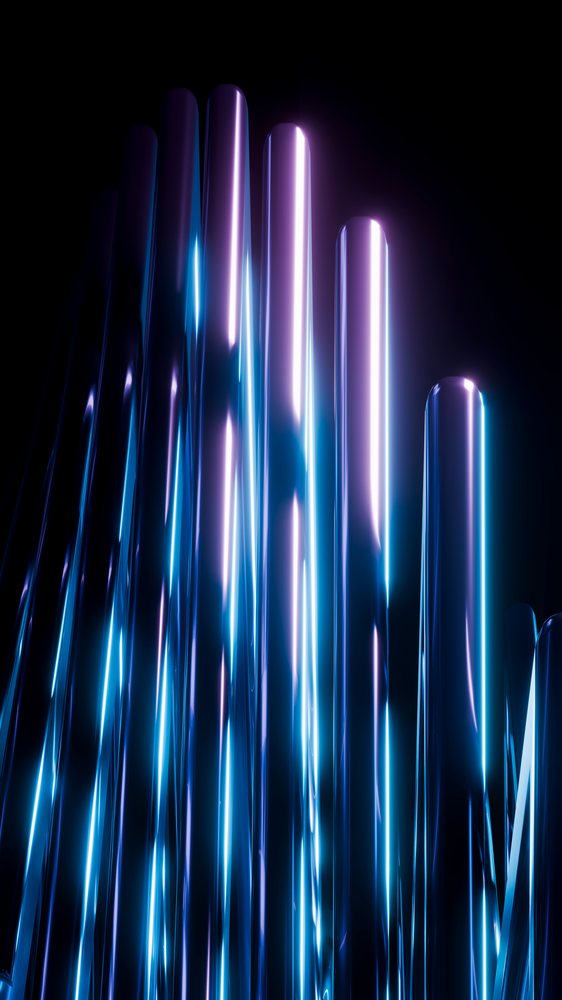 Abstract vertical tubes with reflective metallic surfaces glowing blue and purple against a dark background.
