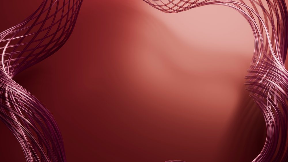 Abstract digital artwork shows flowing pink wavy lines on a smooth red background.