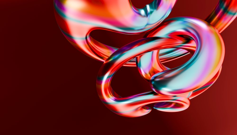 Abstract twisting colorful 3D shapes with glossy surface on red background.