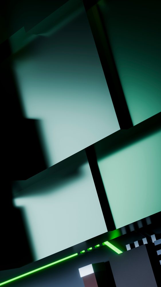 Abstract digital art featuring geometric black shapes illuminated by green neon light against a dark background.