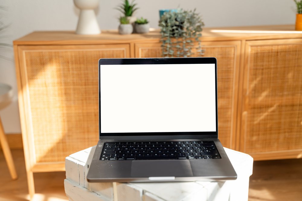 Laptop computer with blank white screen on wooden table in modern interior with potted plants and cabinet in background, mock up, Spain.